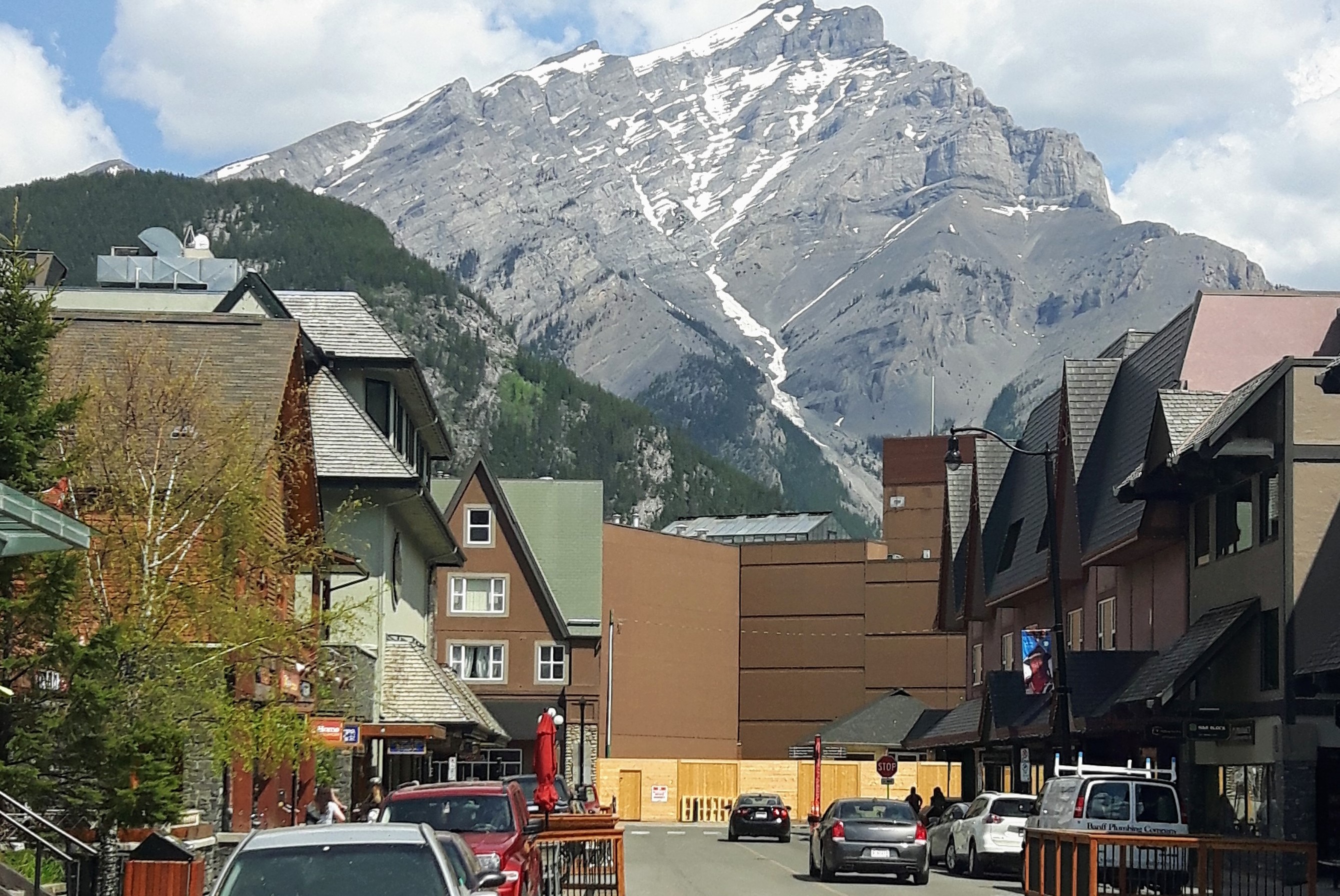 The beautiful Canadian Town of Banff, Alberta in the Rocky Mountains is completely surrounded by mountains