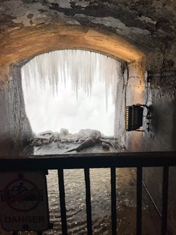 When taking a journey behind the Falls, you will feel like you're in an ice cave surrounded by ice.