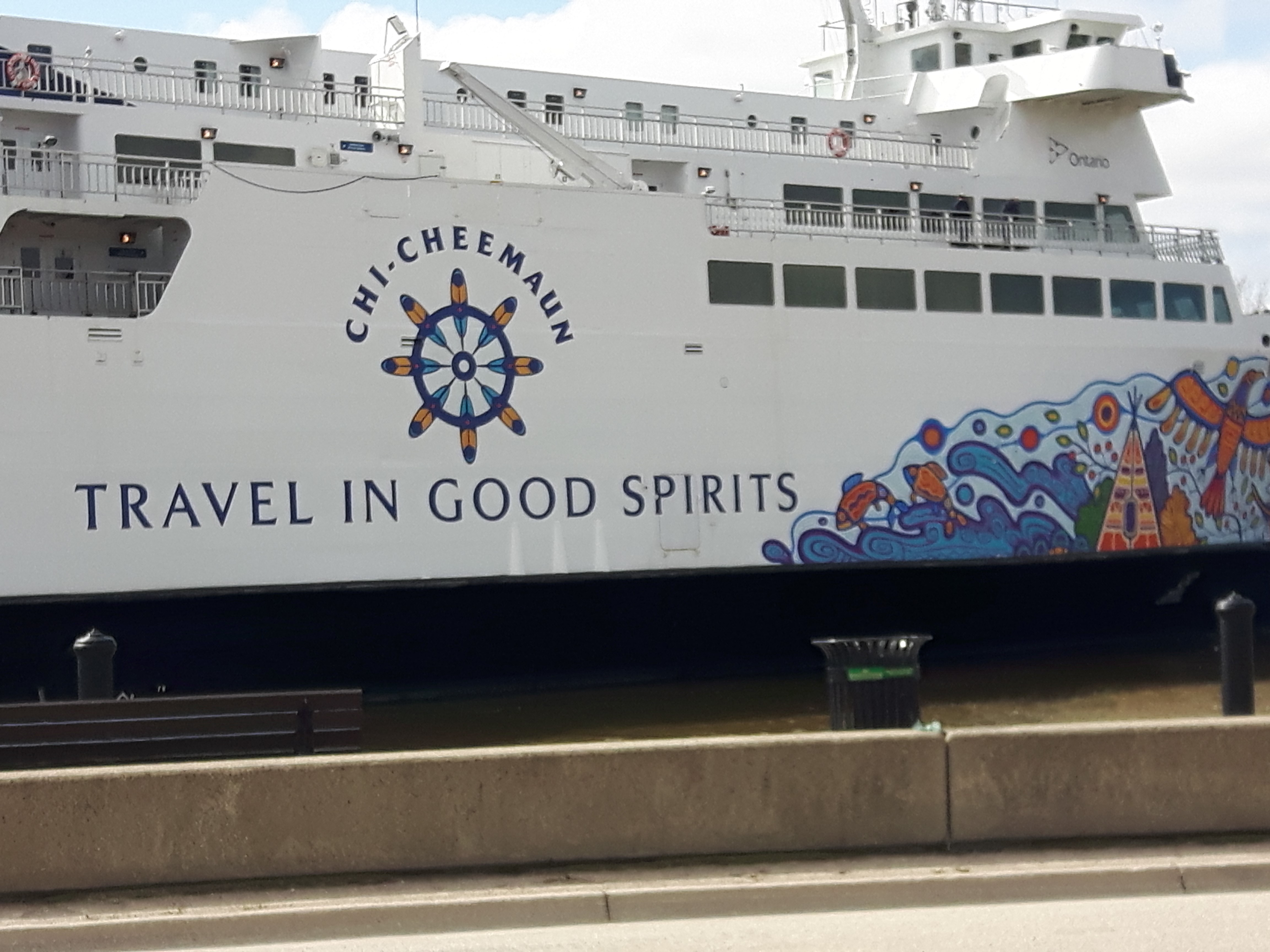 the chi cheemaun docks in the Owen Sound harbour during the Winter