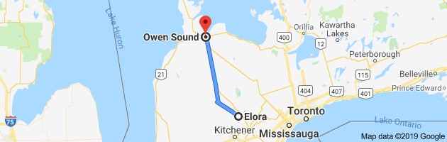 Map and Directions from Elora to Owen Sound, Ontario on Georgian Bay