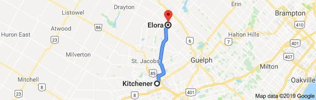 Map and directions from Kitchener to Elora, Ontario, the perfect road trip destination