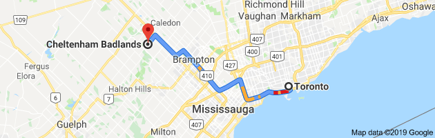 Map and directions from Toronto to the Cheltenham Badlands in Caledon, Ontario