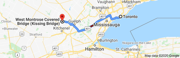 Map from Toronto to West Montrose Covered Bridge, Ontario's longest covered bridge