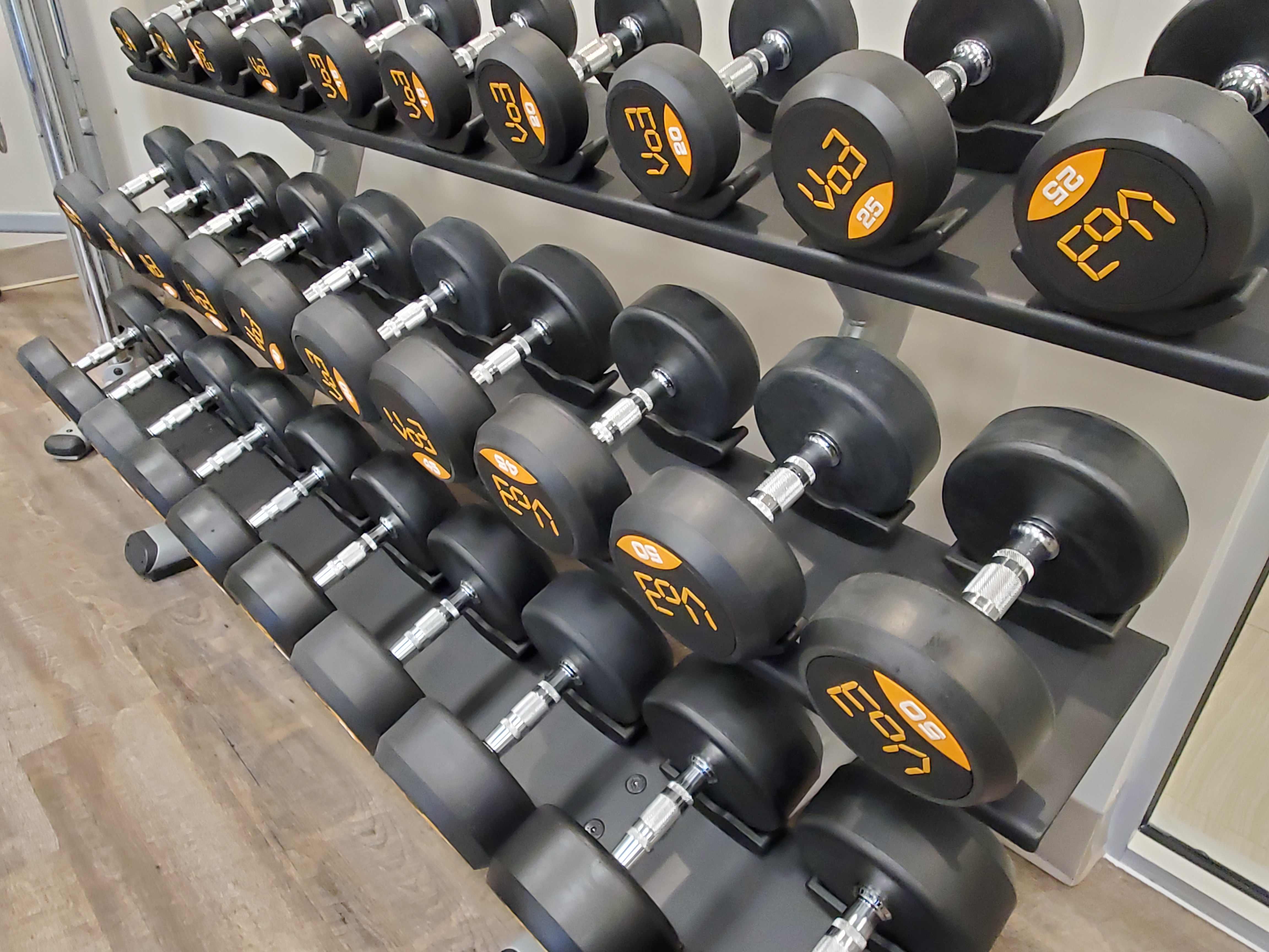 The gym at the Holiday Inn & Suites is fully stocked with equipment and weights