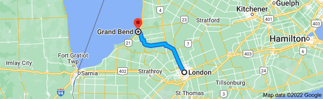 Driving directions from London to Grand Bend, Ontario