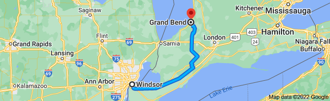 Driving directions from Windsor to Grand Bend, Ontario