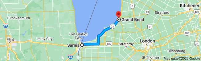 Driving directions from Sarnia to Grand Bend, Ontario