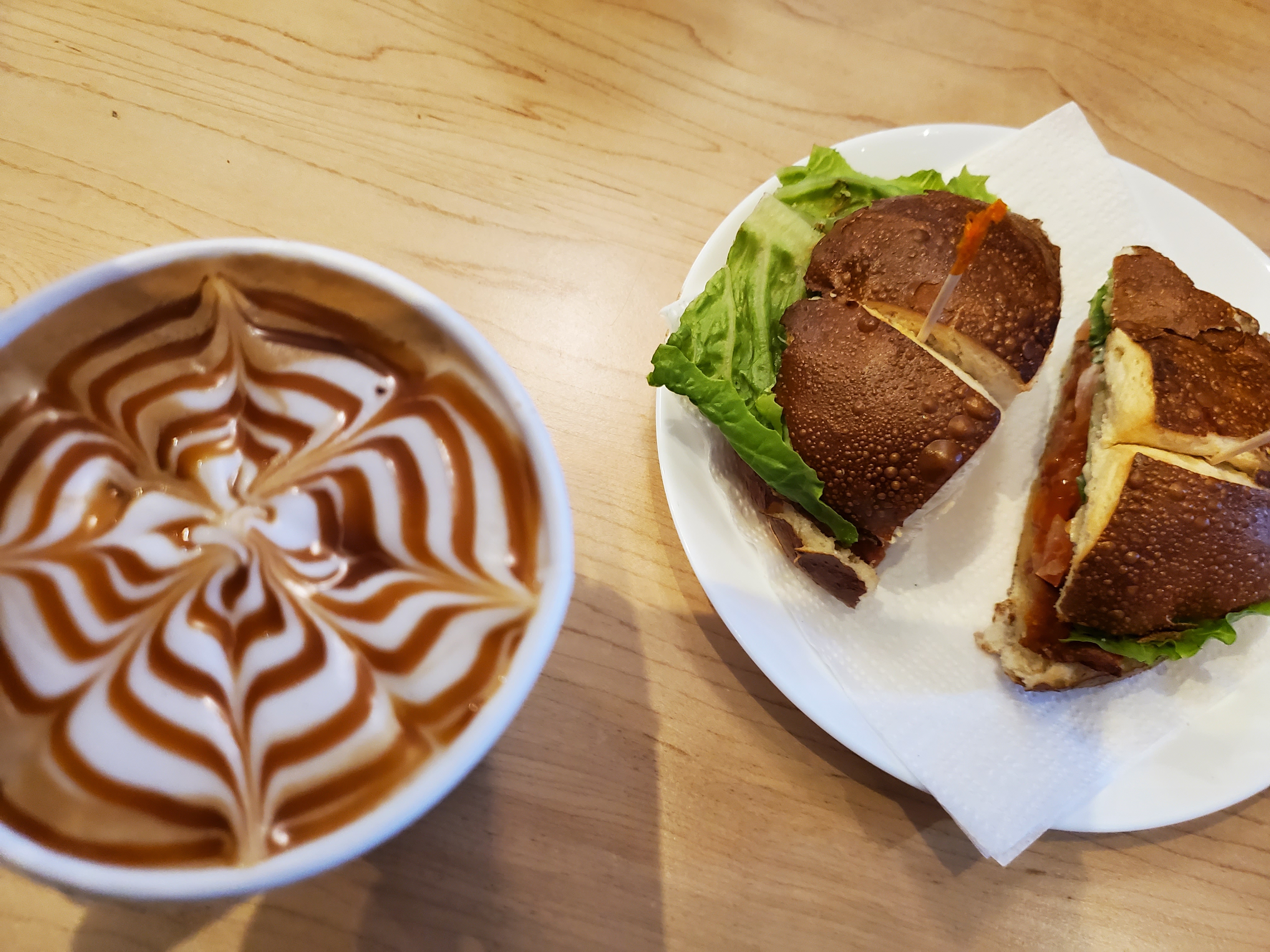 The BLT on a pretzel bun is my favourite food found at the EcoCafe in the Village of St. Jacobs, Ontario