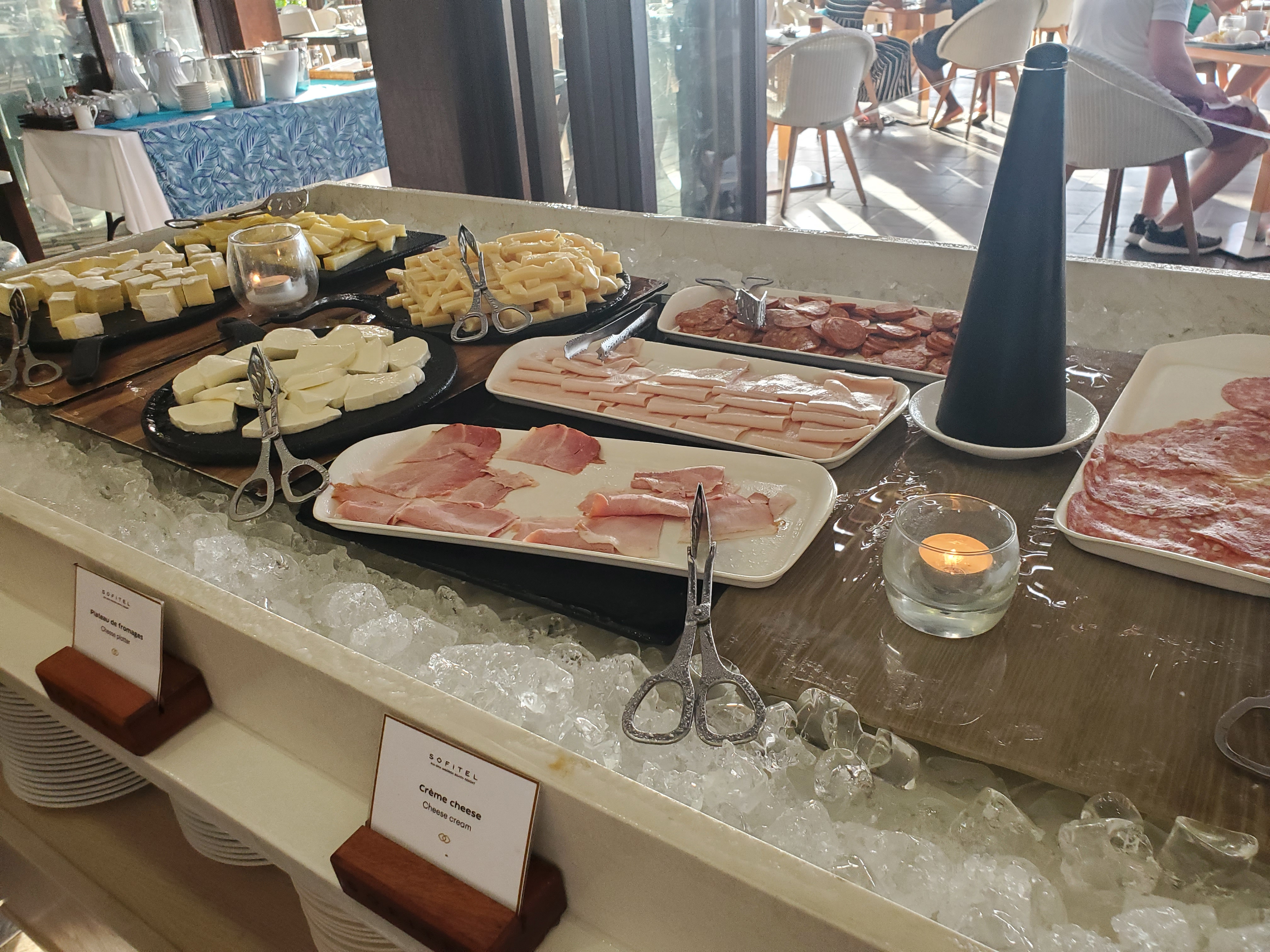 A wide selection of coldcuts and cheese available during the breakfast buffet at the Sofitel Beach Resort in Moorea