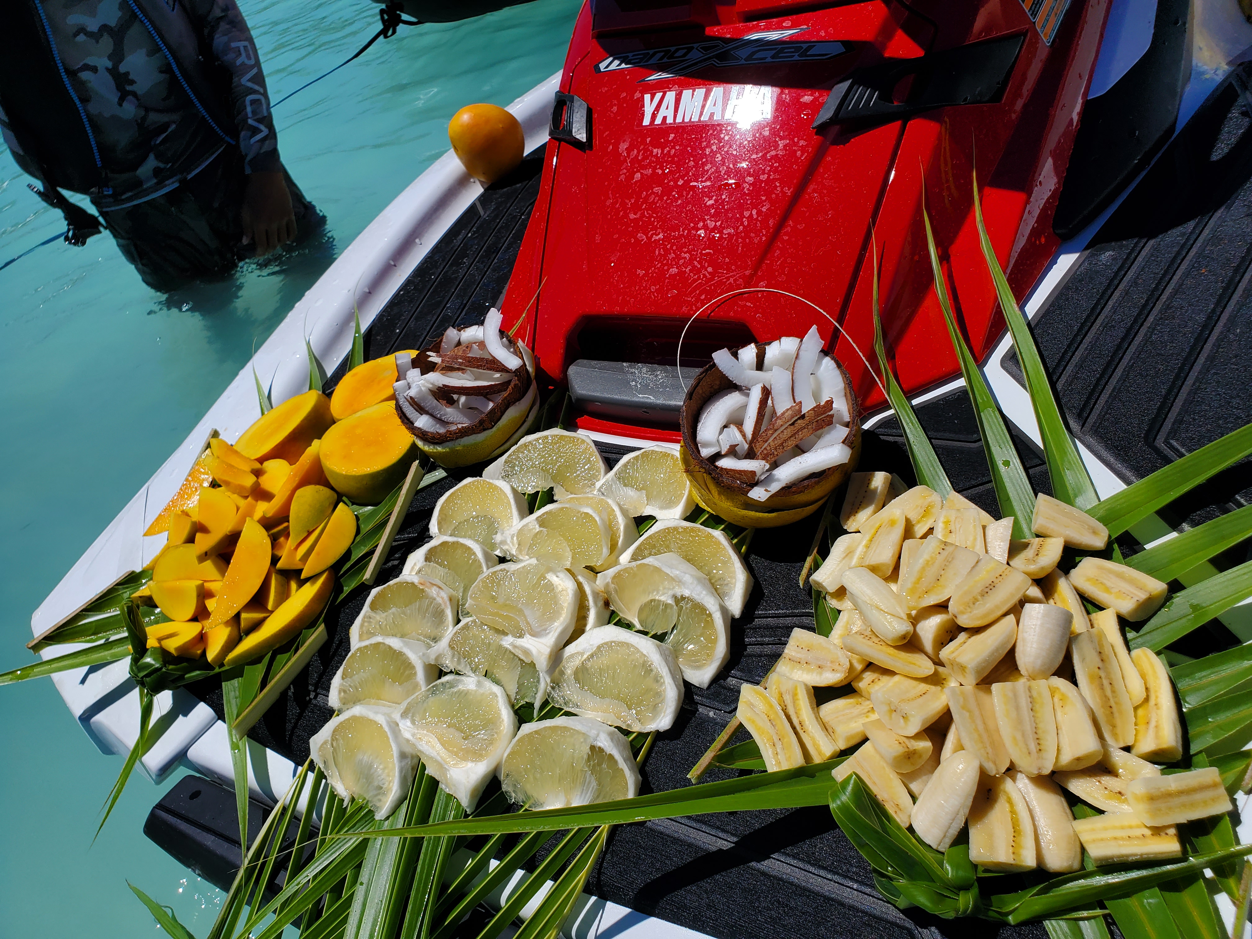 The guide served a freshly picked fruit buffet in the middle of the lagoon while on our jetski tour of Bora Bora