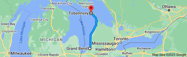 Map for Lighthouse Trail road trip from Grand Bend to Tobermory