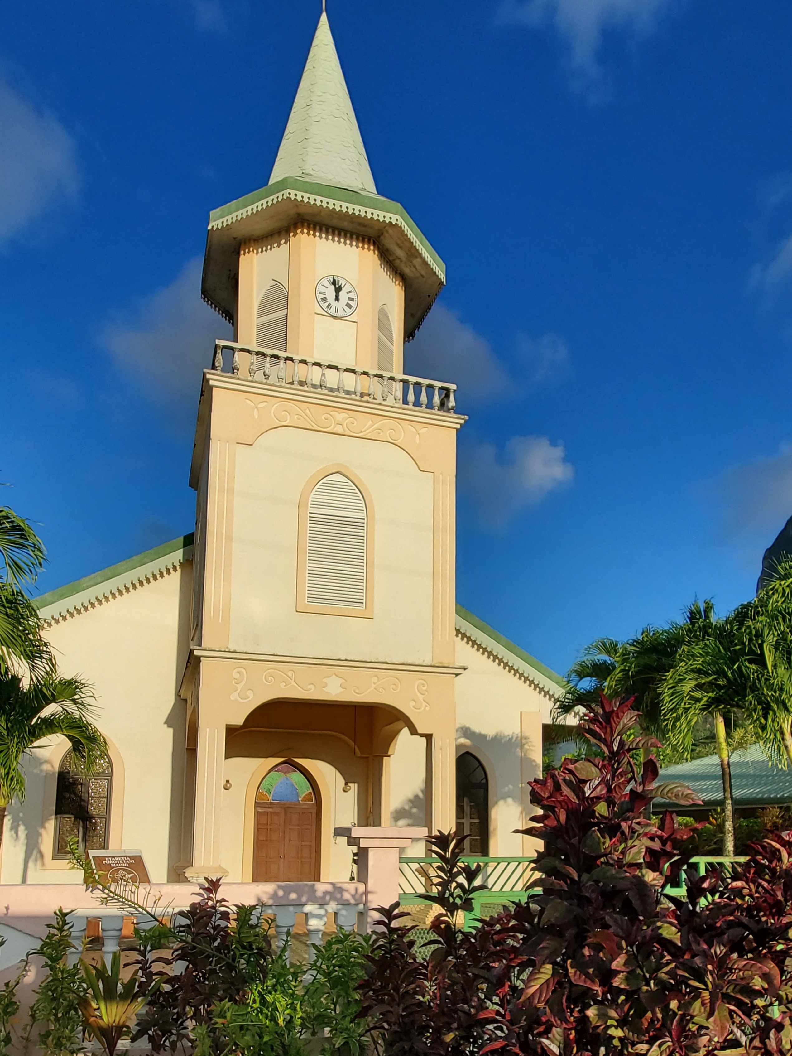 While on a 4 wheel drive safari tour, you  visit the first church built in Bora Bora