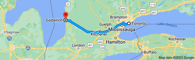 Map to Goderich from Toronto and Kitchener