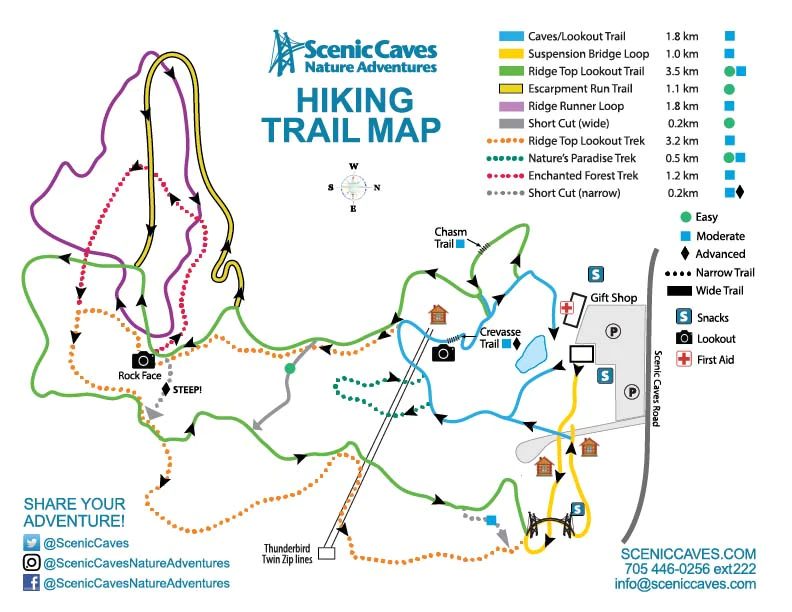 Map of the summer hiking trails at the Scenic Caves Outdoor Adventures