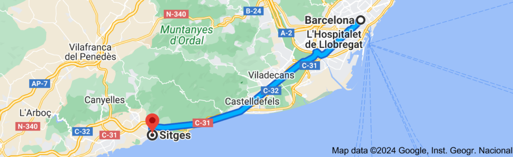 Map for driving to Sitges from Barcelona