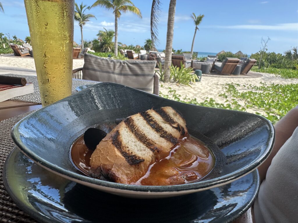 There is a restaurant right on the beach at Secrets Playa Costa Isla Mejeures, so there's no need to leave when it's lunch time.