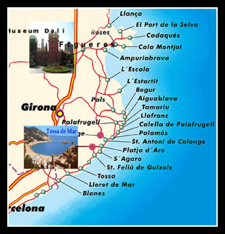Map showing towns along the Mediterranean from Barcelona to Pals